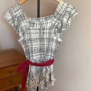 Black and Cream Striped Ruffle Sleeve Top with Ribbon tie & Peplum back Size S